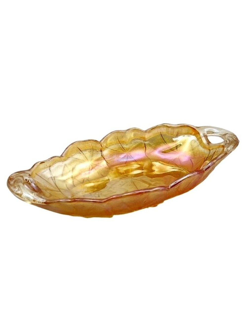 Indiana Carnival Glass Serving Dish Oval Marigold Amber Sunflower Floral Vintage
